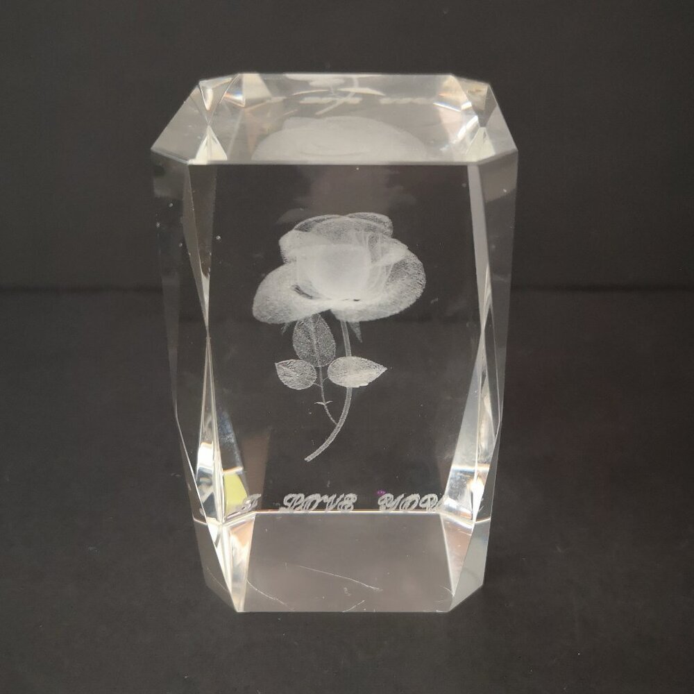 Laser Etched Clear Glass 3D Rose & "I Love You" Heavy Paperweight 3" High